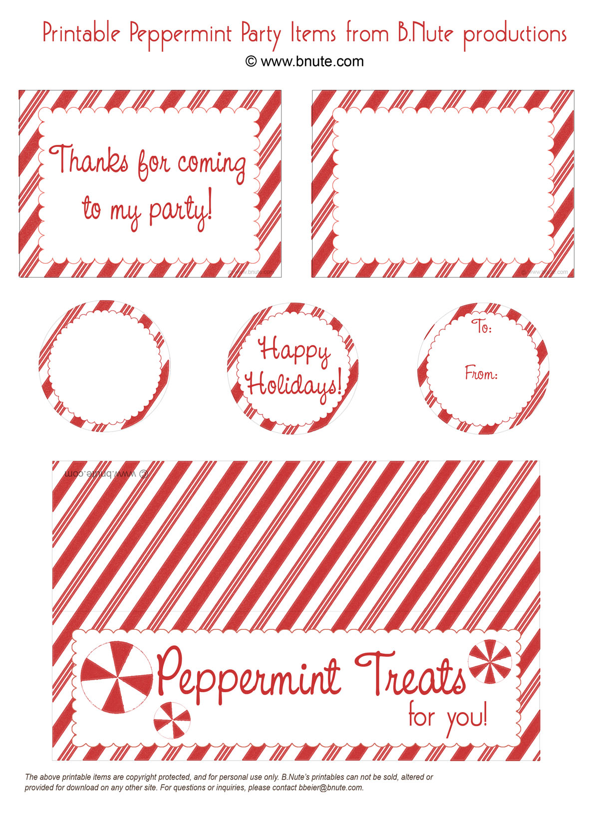 Bnute Productions Free Peppermint Party Printables Menu Cards Tags Candy Bag Labels