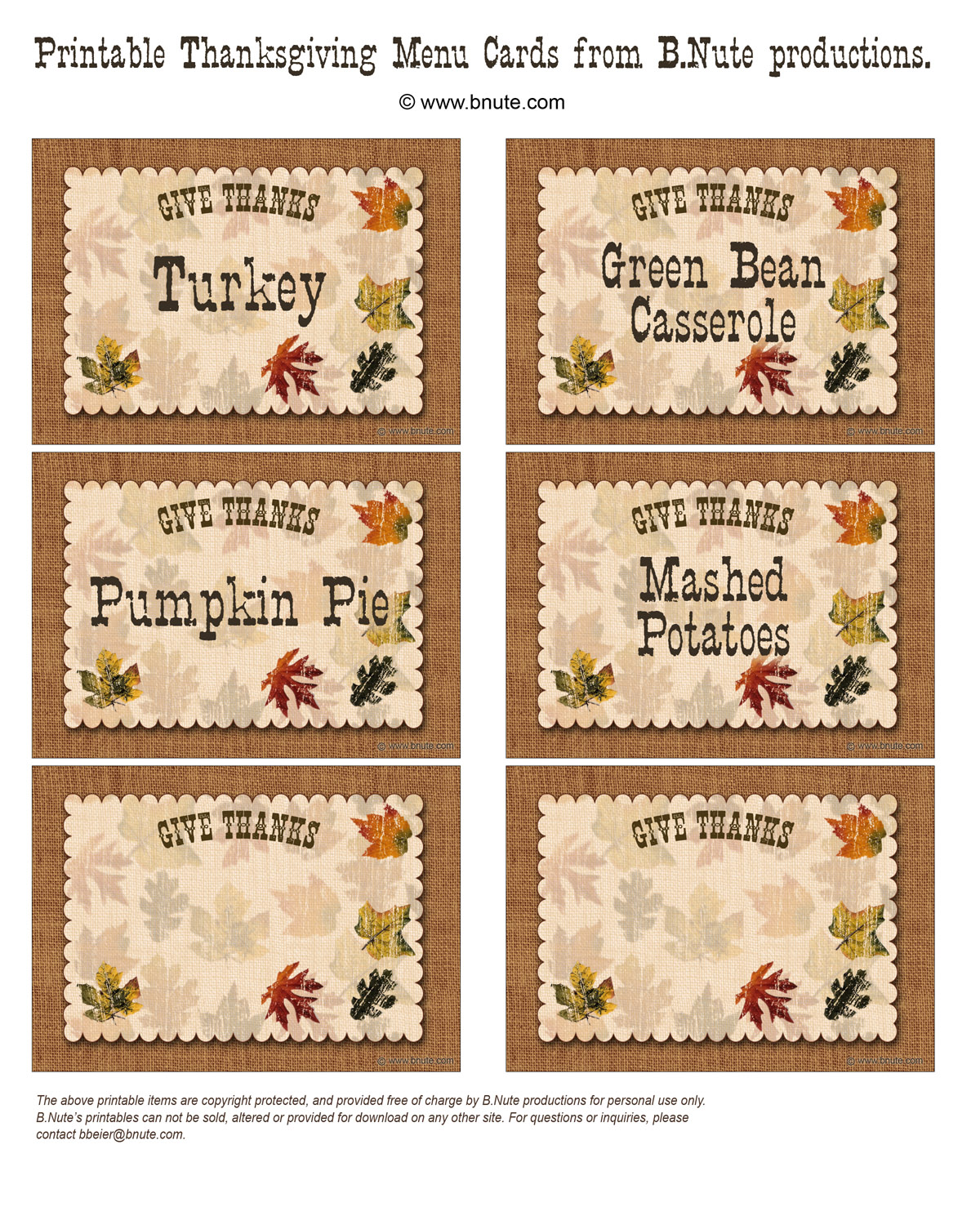 Holiday Party: FREE PRINTABLE Autumn Free Printable Give Thanks For Free Place Card Templates 6 Per Page