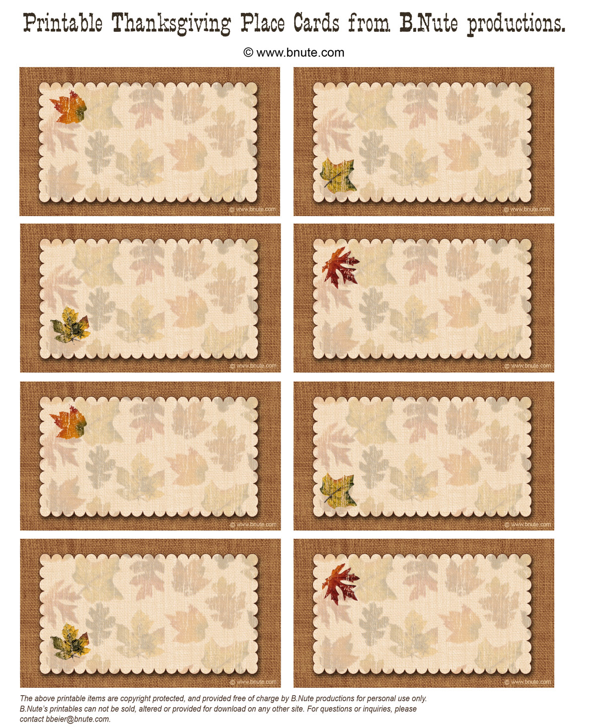 Bnute Productions Free Printable Autumn Place Cards Perfect For 